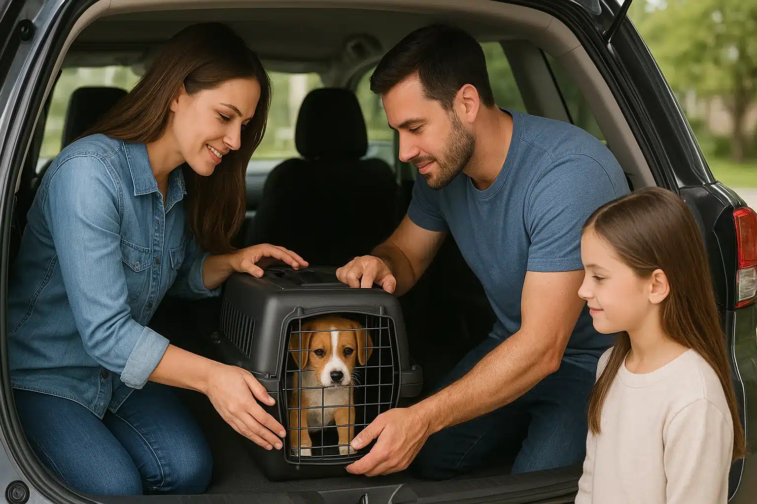 Family securing puppy carrier in SUV near NJ pickup site