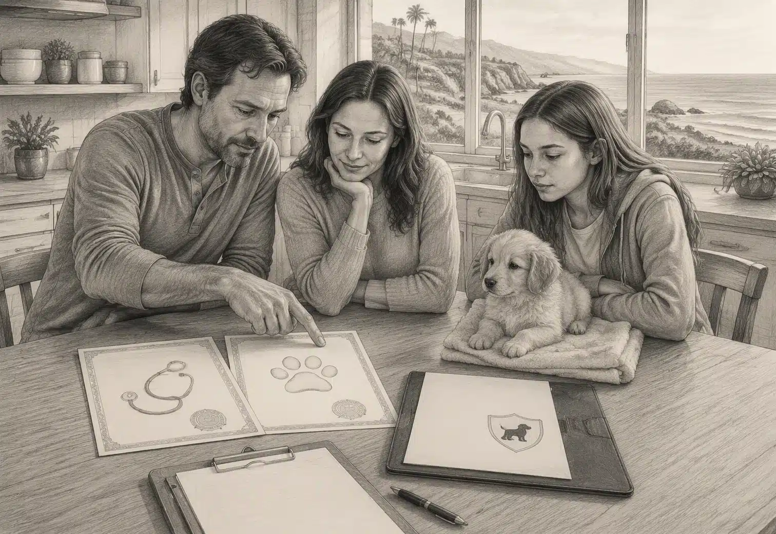 California couple reviewing parent health records and puppy guarantee documents at a kitchen table