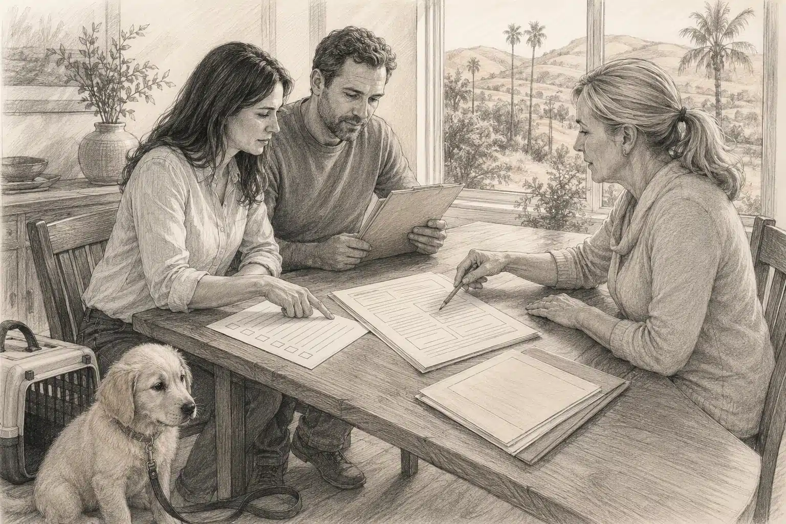 Breeder reviewing contract terms with California family at table