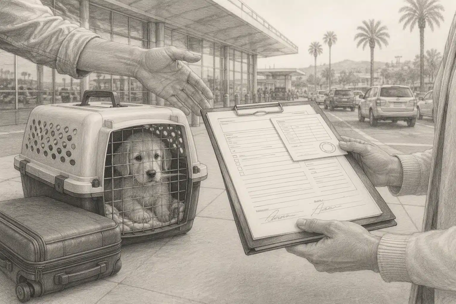 Puppy carrier at California airport pickup desk