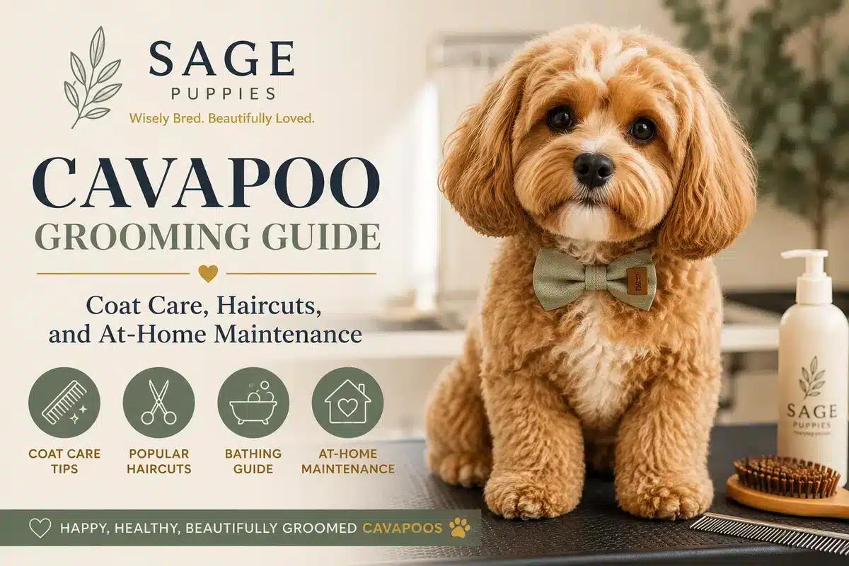 Groomed apricot Cavapoo with brushing and bathing tools for a Cavapoo grooming guide