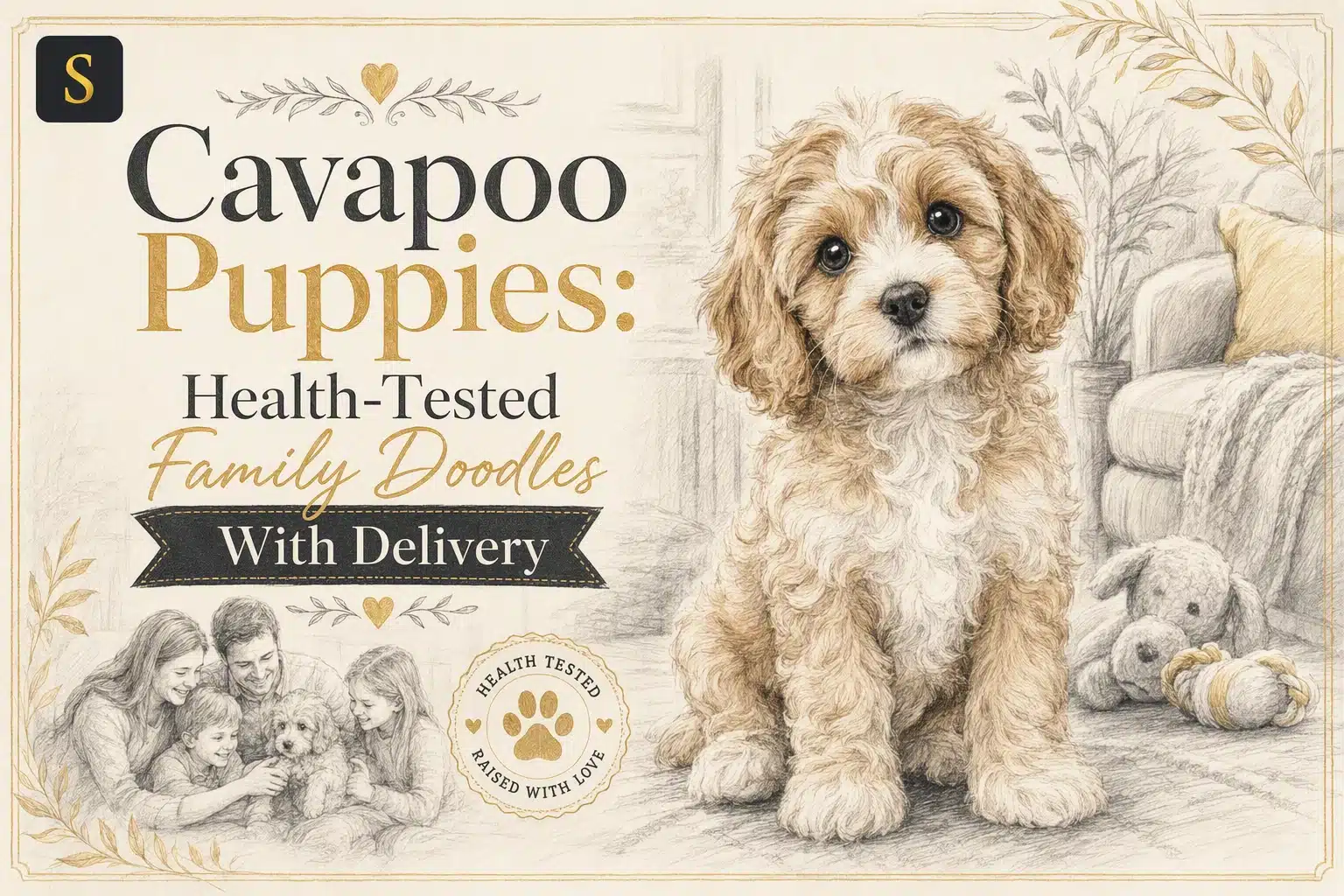 A fluffy Cavapoo puppy sits center, with "Cavapoo Puppies: Health-Tested Family Doodles With Delivery" text. A family and stuffed dog are sketched in the background.