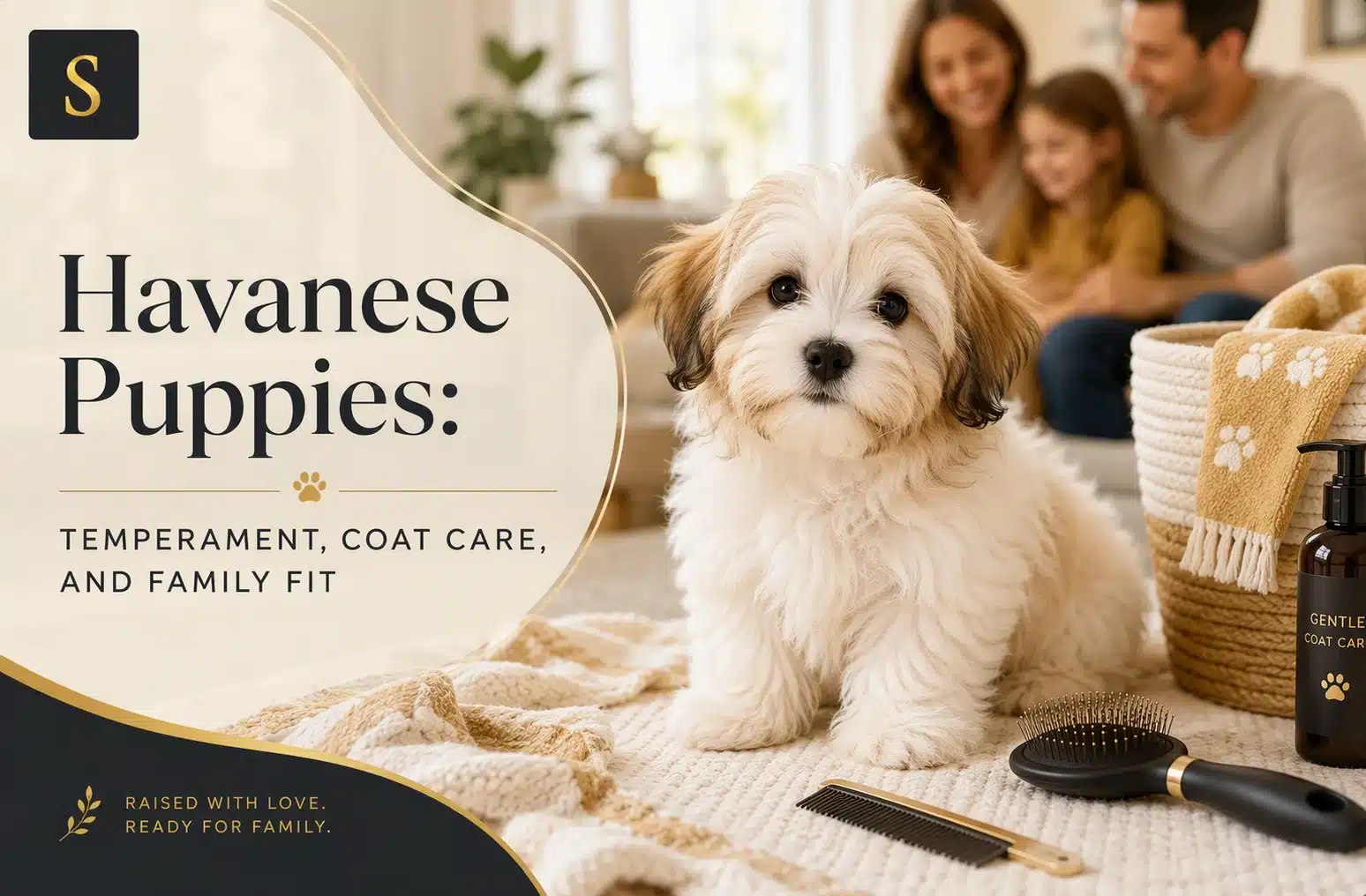 Adorable Havanese puppy sits on a textured rug, with a smiling family blurred in the background. Text overlay reads "Havanese Puppies: Temperament, Coat Care, and Family Fit". Grooming tools are nearby.