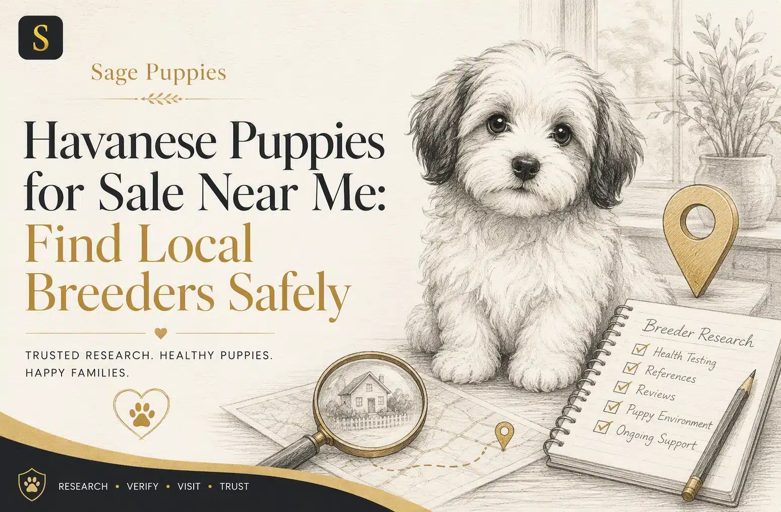A charming Havanese puppy sits beside a notebook listing "Breeder Research" points like health testing and references. The scene, featuring a magnifying glass over a map and a "Sage Puppies" logo, highlights finding local Havanese breeders safely.