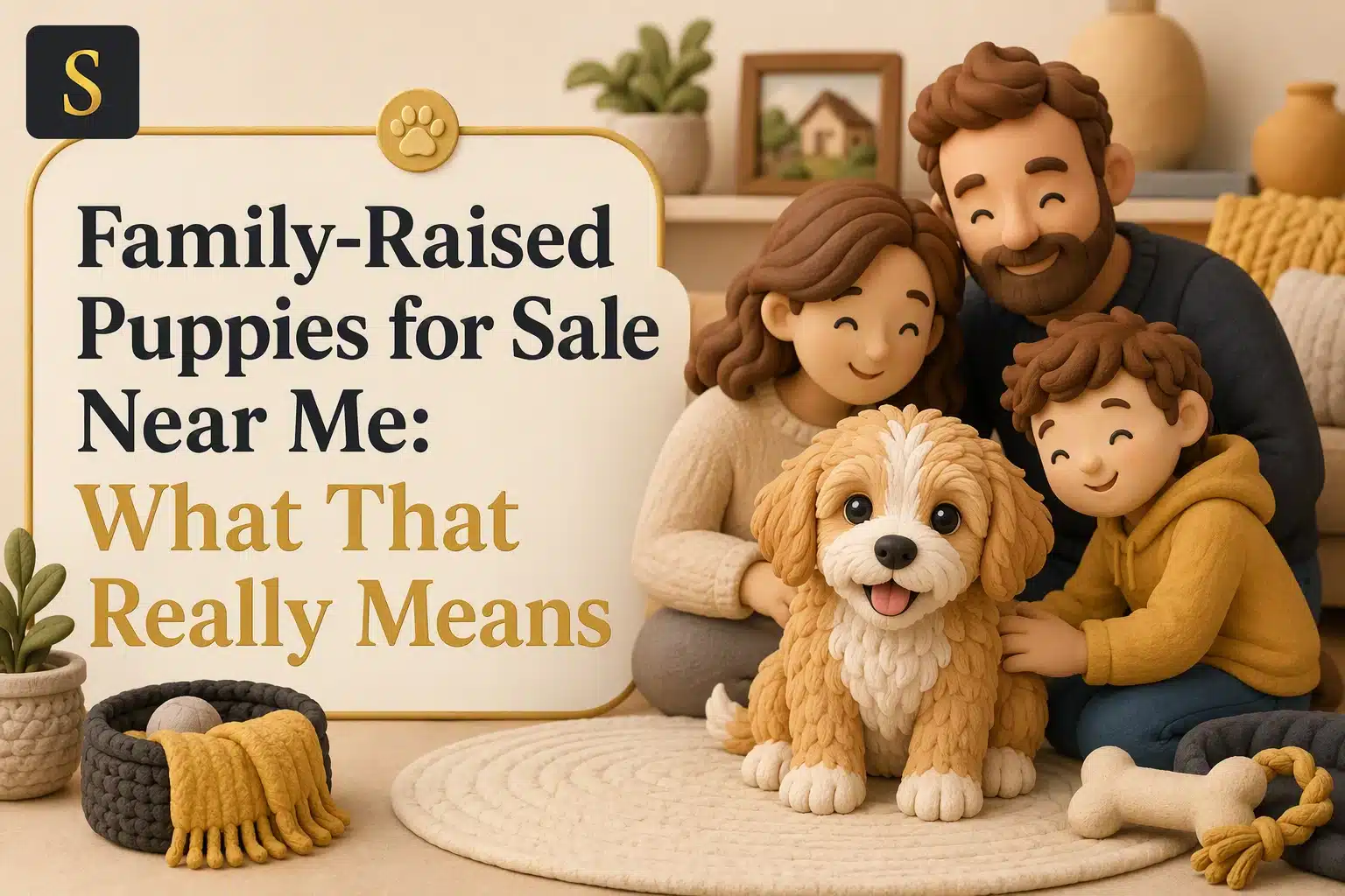 Claymation family with a fluffy puppy, with the text "Family-Raised Puppies for Sale Near Me: What That Really Means" on a sign.