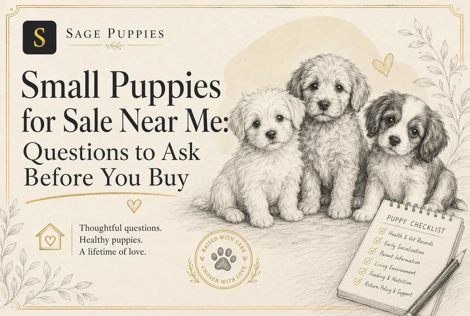 Illustration of three small puppies for sale, with text "Sage Puppies" and "Small Puppies for Sale Near Me: Questions to Ask Before You Buy". A puppy checklist is also visible.