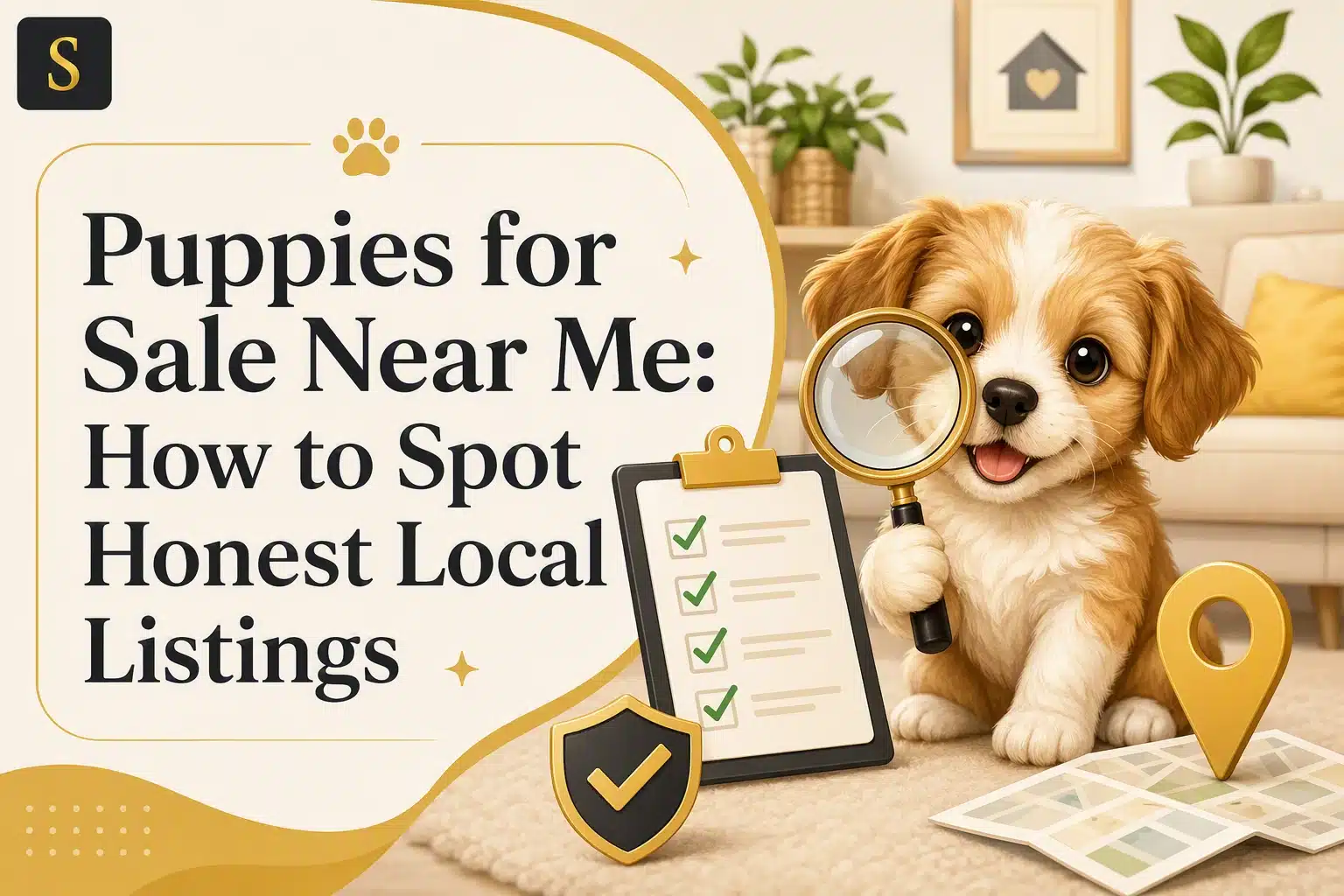 Cute puppy with a magnifying glass over a checklist titled "Puppies for Sale Near Me: How to Spot Honest Local Listings.