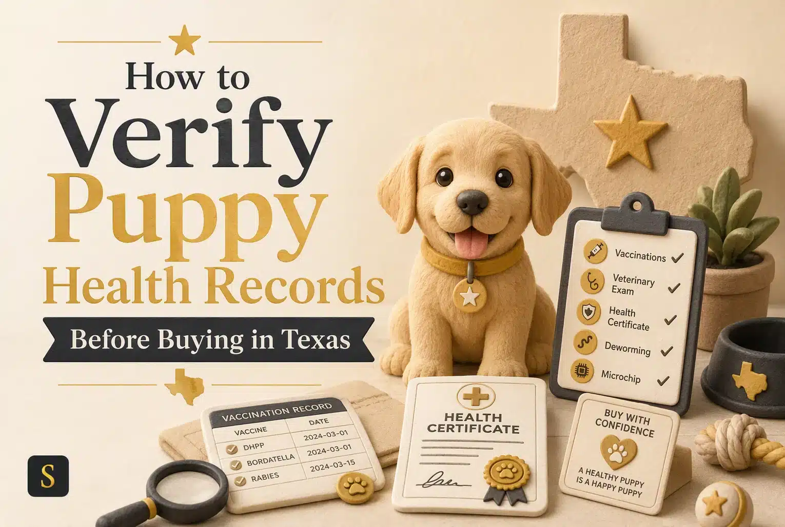 A cute golden retriever puppy sits next to Texas-shaped cutouts and documents for verifying puppy health records, including vaccination records and a health certificate. Text reads "How to Verify Puppy Health Records Before Buying in Texas.