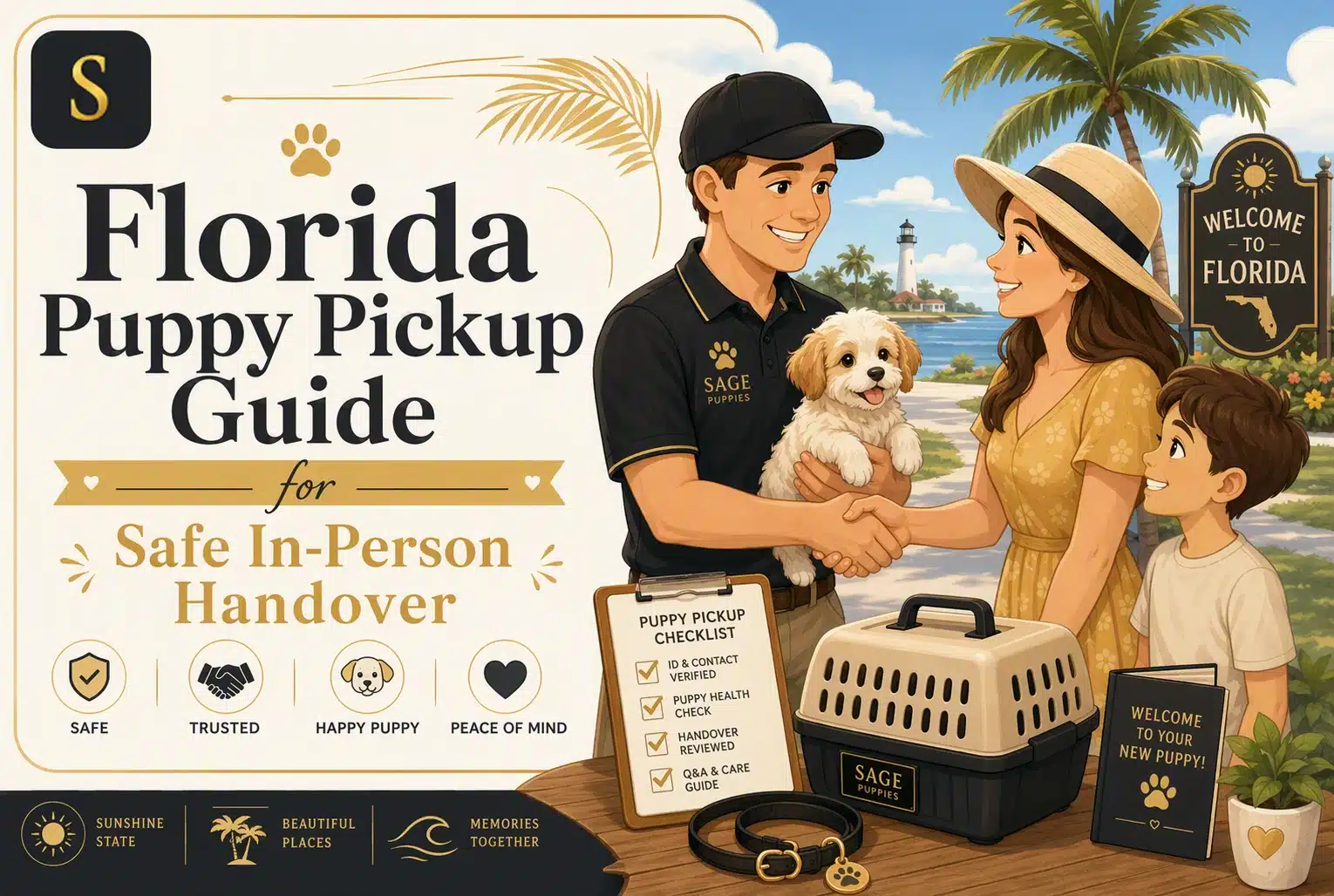 Florida Puppy Pickup Guide: A Sage Puppies representative shakes hands with a woman holding a fluffy golden puppy, while a young boy smiles beside her. A checklist and carrier are on the table. The scene depicts a safe in-person puppy handover near a lighthouse and palm trees.