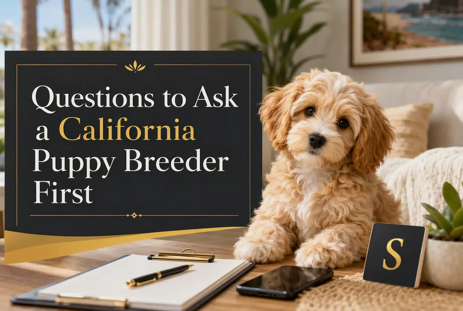 A fluffy, light brown Cavapoo puppy sits on a wooden desk next to a notebook and phone, with a graphic overlay reading "Questions to Ask a California Puppy Breeder First.