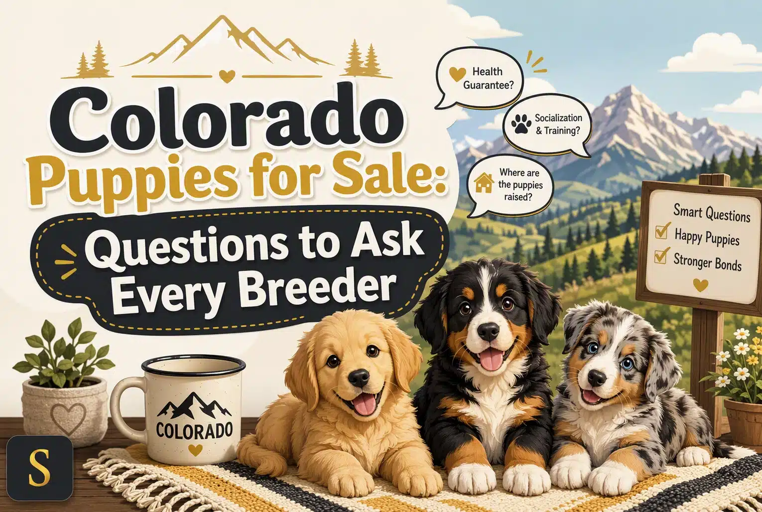 Three adorable puppies—a golden retriever, a Bernese mountain dog, and an Australian shepherd—sit on a rug in front of a Colorado-themed mug, with text "Colorado Puppies for Sale: Questions to Ask Every Breeder" and mountain scenery in the background.