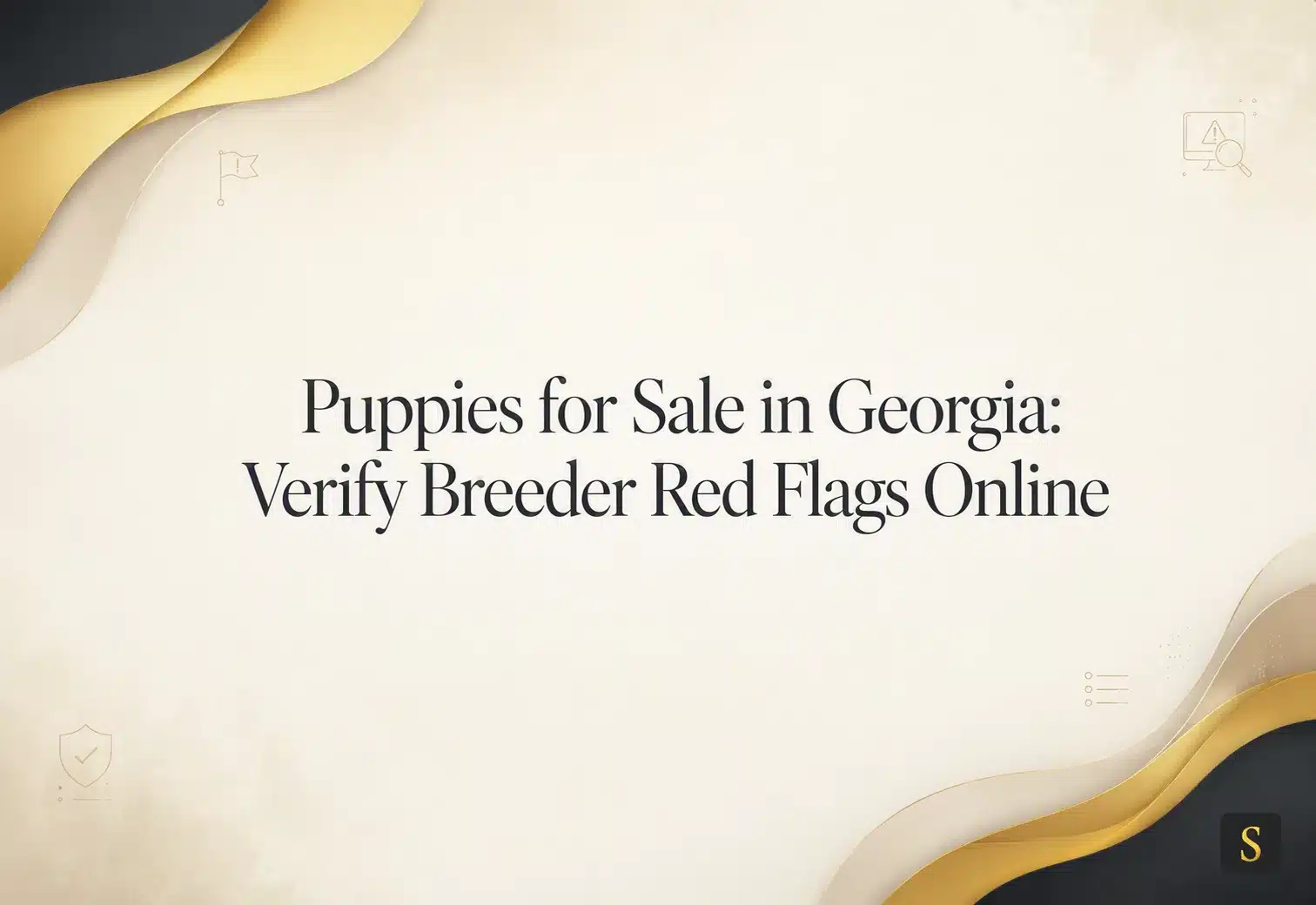 Text overlay on a cream and gold background reads "Puppies for Sale in Georgia: Verify Breeder Red Flags Online." Decorative wavy gold lines frame the top and bottom of the image.