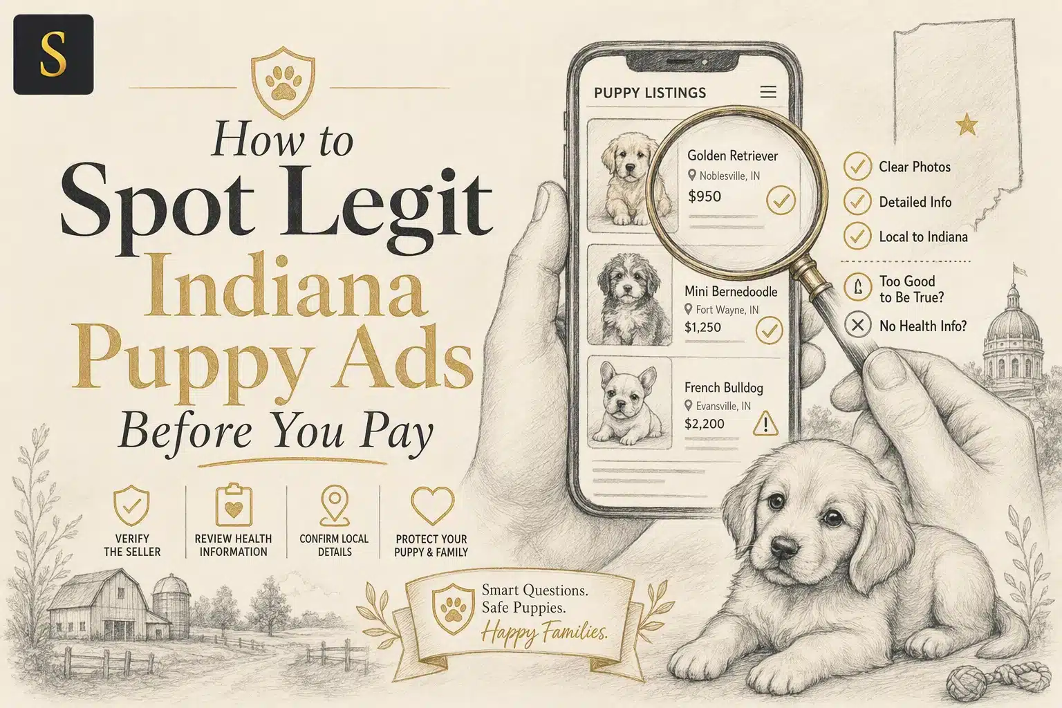 Illustration for "How to Spot Legit Indiana Puppy Ads Before You Pay": A hand holds a smartphone displaying puppy listings, with a magnifying glass highlighting a Golden Retriever ad. The background features a sketch of Indiana, a barn, and a golden retriever puppy.