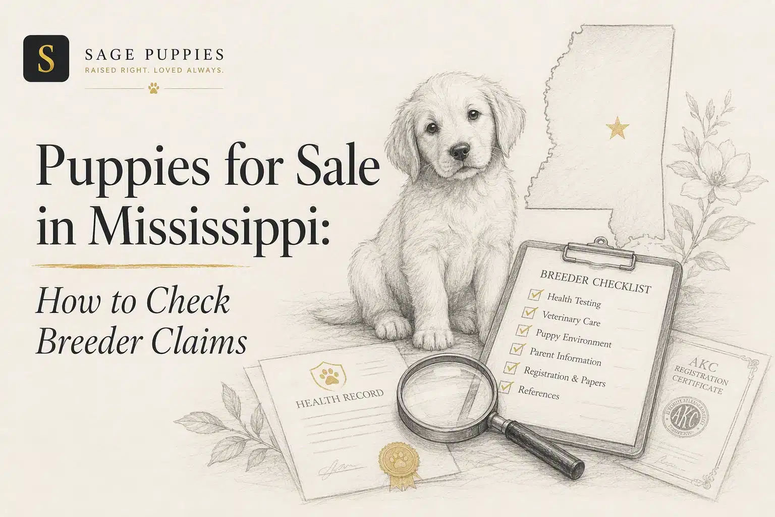 Pencil sketch of a golden retriever puppy sitting next to a breeder checklist, health record, and AKC registration certificate. Text reads "Puppies for Sale in Mississippi: How to Check Breeder Claims" and "BREEDER CHECKLIST".