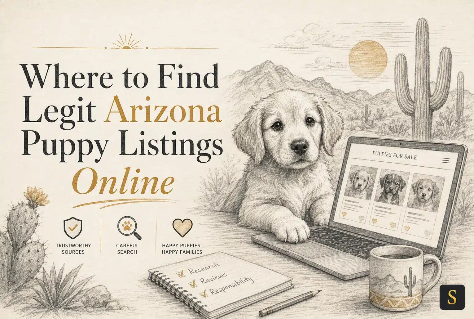 Sketch of a golden retriever puppy looking at a laptop displaying "Puppies for Sale" with Arizona desert scenery and cacti in the background. Text includes "Where to Find Legit Arizona Puppy Listings Online.