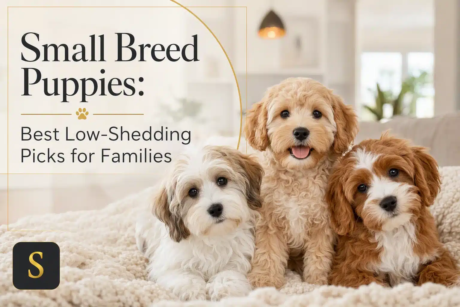 Three adorable, fluffy small breed puppies, likely low-shedding picks for families, lounge on a cream-colored textured blanket. The text "Small Breed Puppies: Best Low-Shedding Picks for Families" is overlaid on the left.