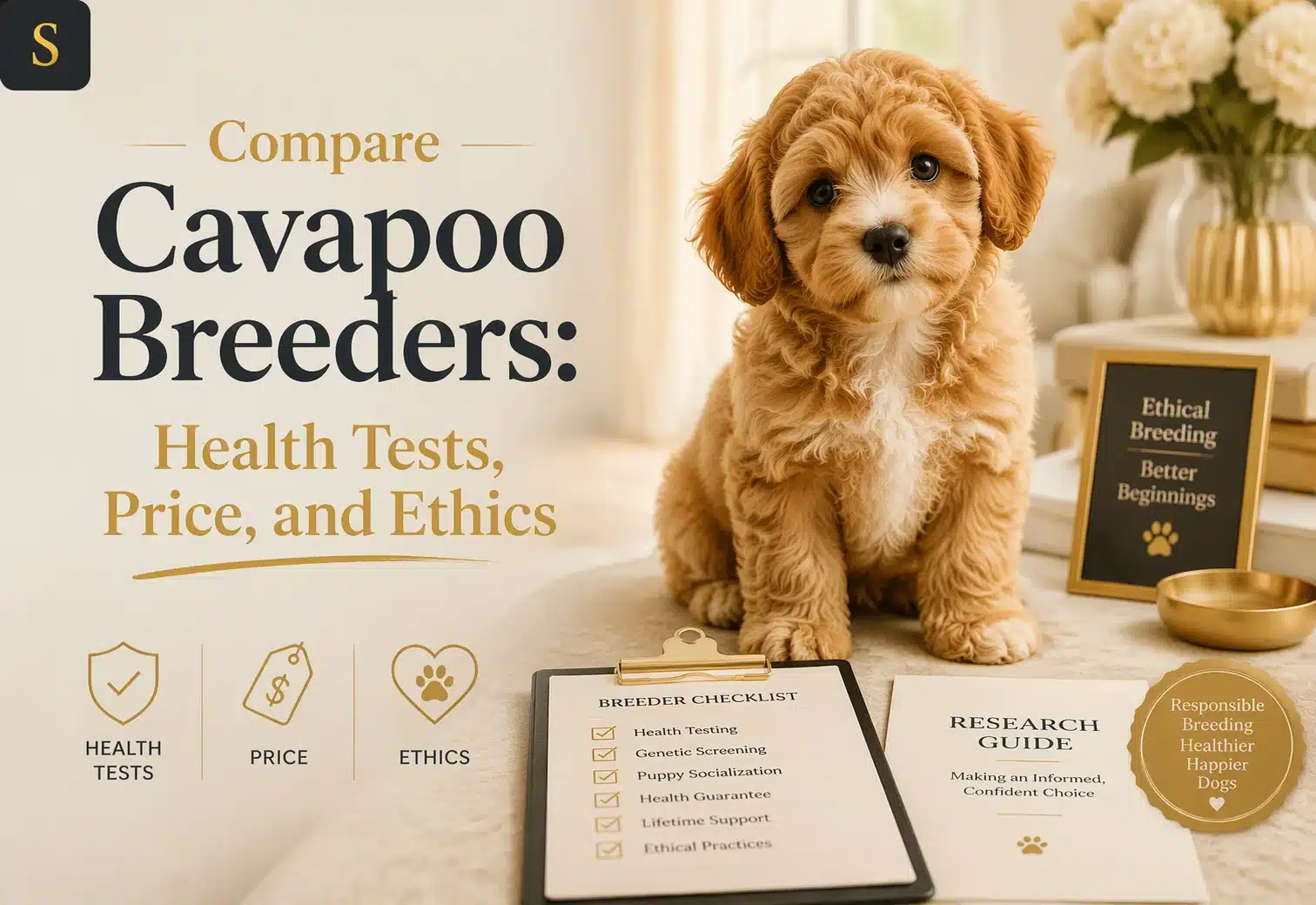 A fluffy, light brown Cavapoo puppy sits on a cream rug, looking directly at the camera. In the foreground, a clipboard displays a "Breeder Checklist" with items like "Health Tests," "Price," and "Ethics," reflecting the blog's focus on comparing Cavapoo breeders.