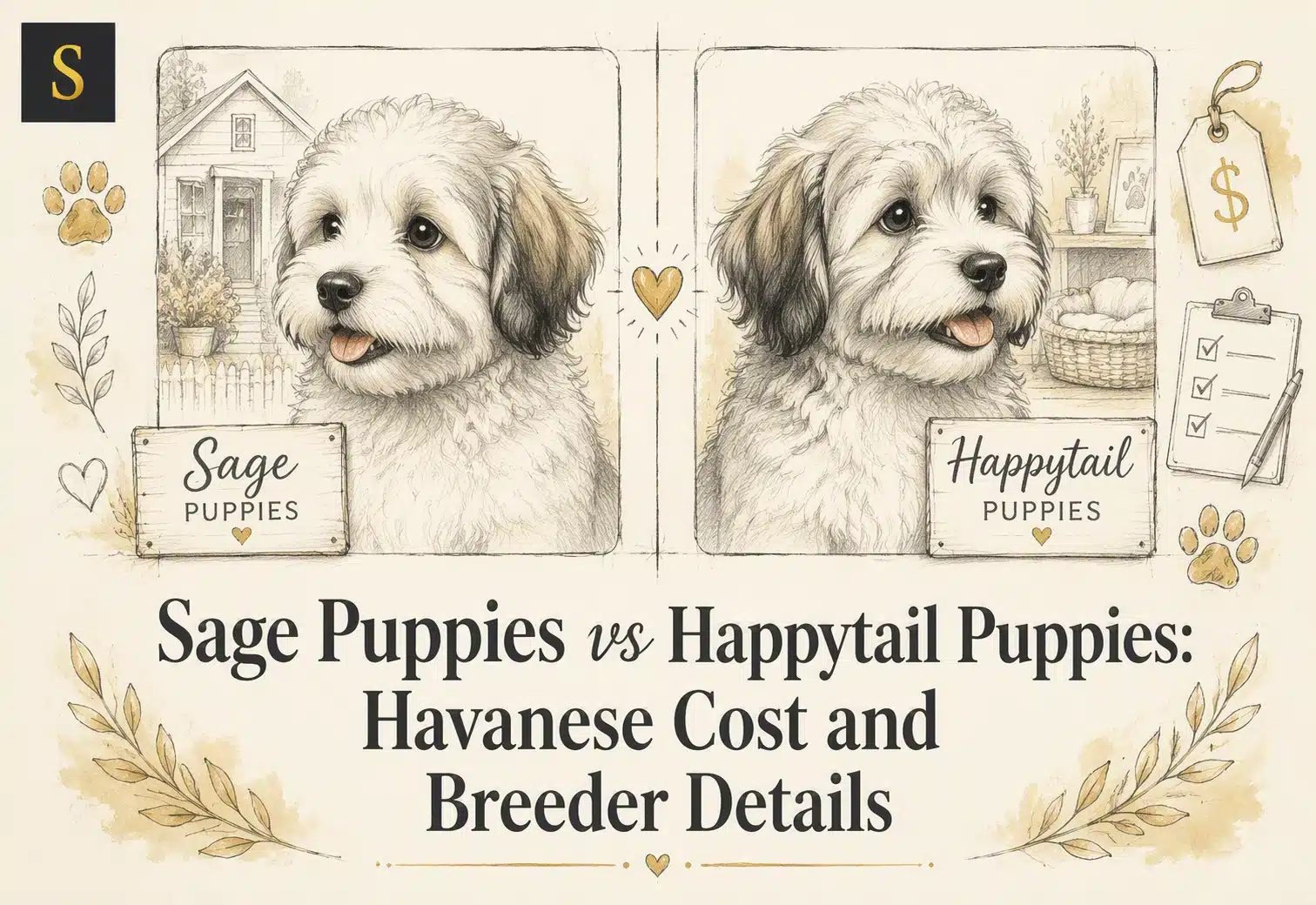 Two adorable Havanese puppies, Sage and Happytail, are featured in this graphic comparing Havanese cost and breeder details. The image includes text and illustrations of price tags and paw prints.
