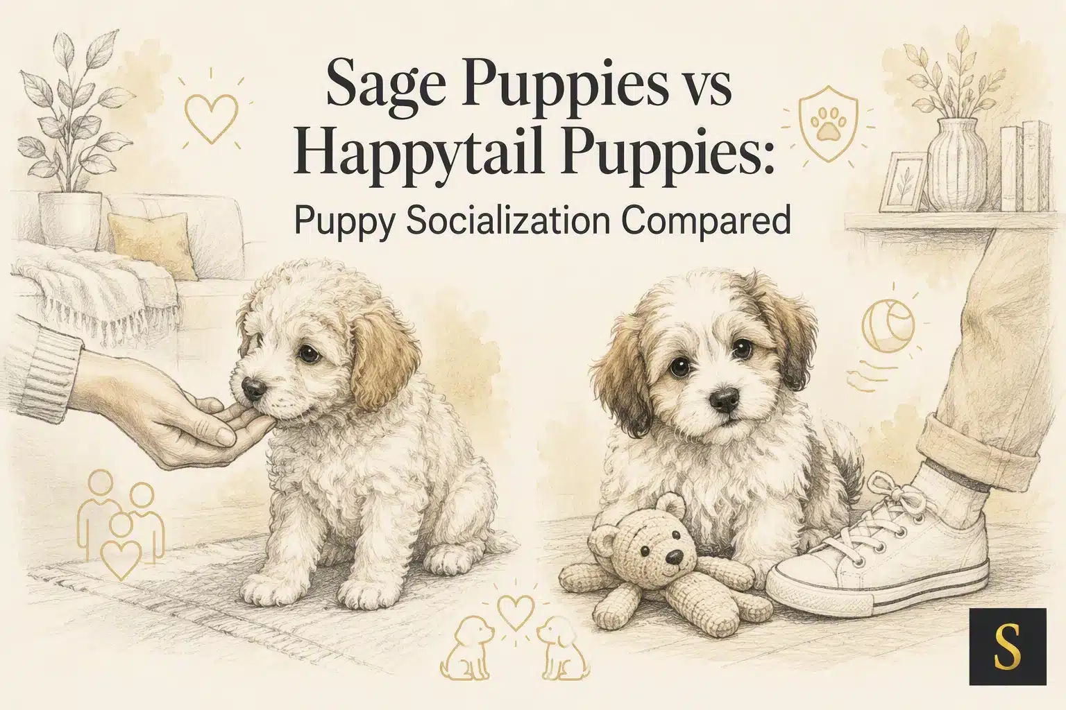 Line drawing comparing Sage Puppies and Happytail Puppies socialization: one puppy being fed a treat by a hand, the other with a teddy bear and a shoe.
