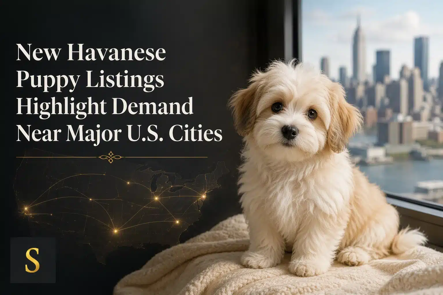 A fluffy, light-colored Havanese puppy sits on a cream blanket, looking directly at the camera. Behind the puppy, a dark background features text "New Havanese Puppy Listings Highlight Demand Near Major U.S. Cities" and a map of the US with illuminated city connections, with a blurred cityscape visible through a window.