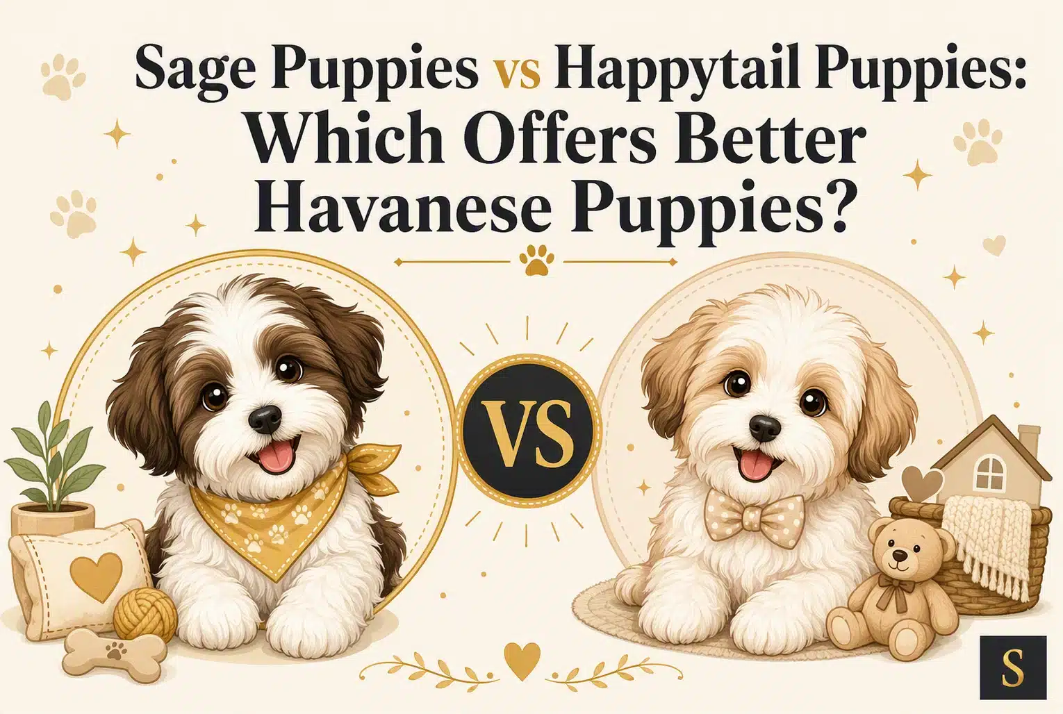Infographic comparing Sage Puppies and Happytail Puppies for Havanese puppies. Features two adorable Havanese puppies, one with a bandana, the other with a bow tie, with decorative elements and the title "Sage Puppies vs Happytail Puppies: Which Offers Better Havanese Puppies?".