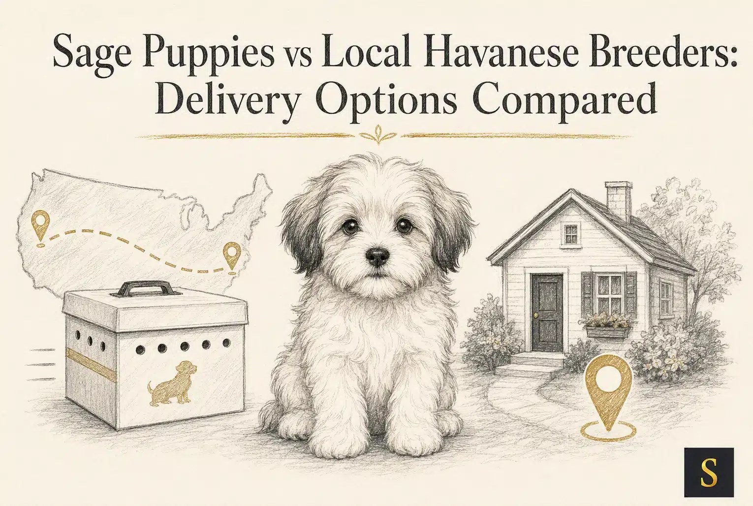 A fluffy Havanese puppy sits between a dog carrier and a sketch of a house, with a map of the US in the background, illustrating Sage Puppies vs Local Havanese Breeders: Delivery Options Compared.