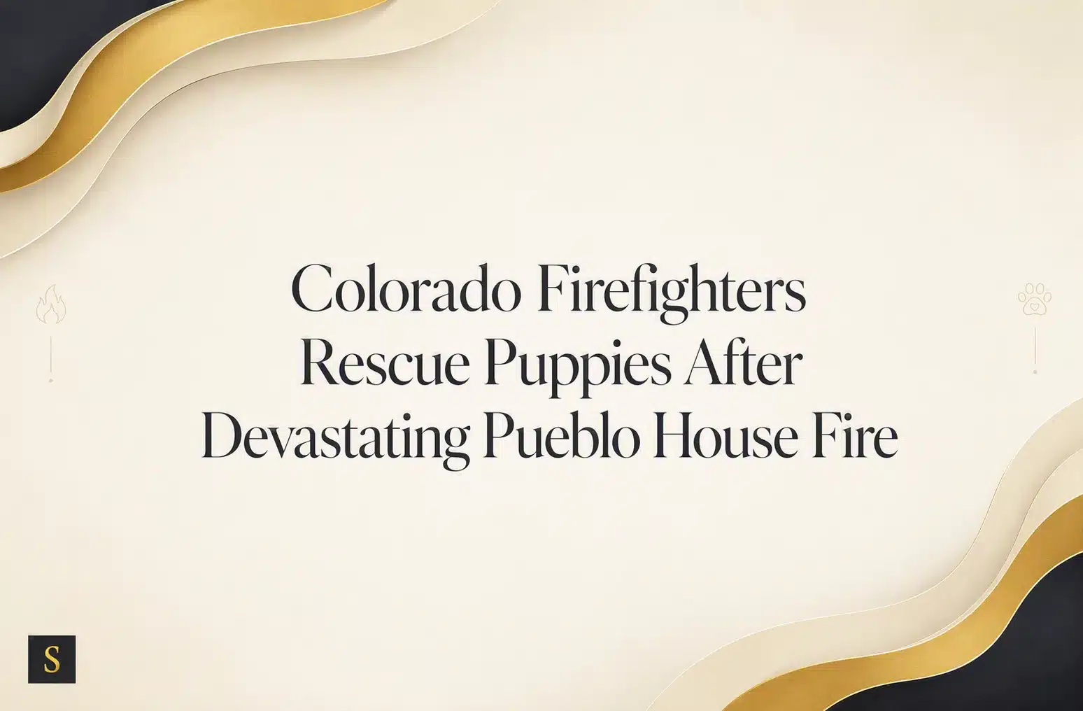 Text on a cream and gold background reads "Colorado Firefighters Rescue Puppies After Devastating Pueblo House Fire.