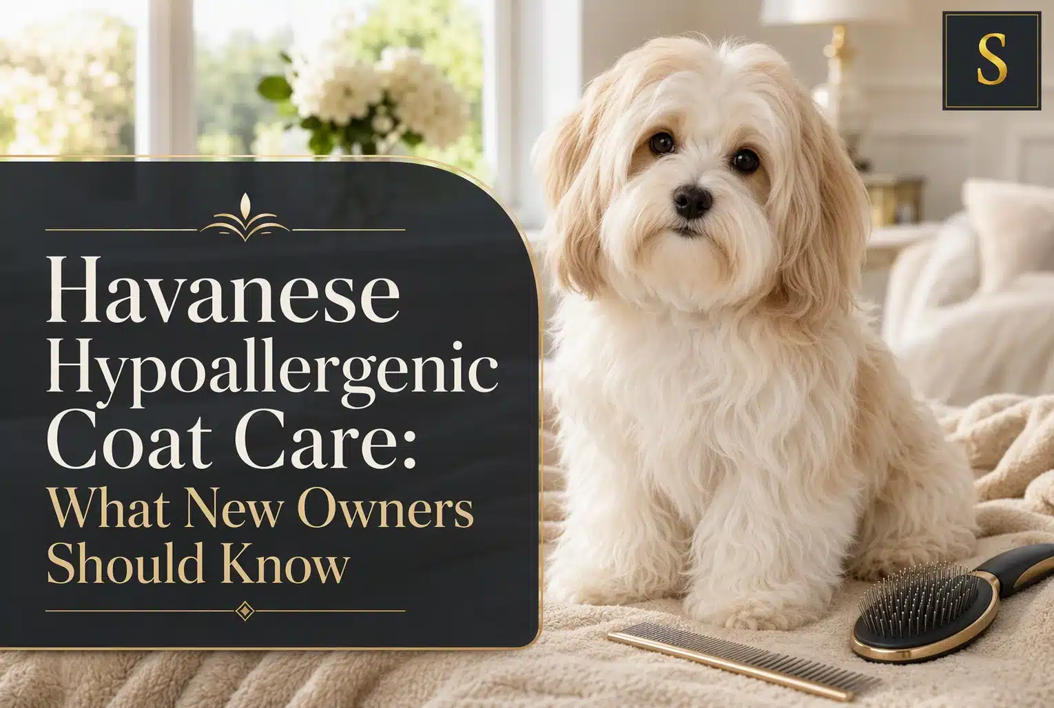 Fluffy white Havanese dog with tan ears sits on a soft cream blanket, looking at the camera. Text overlay reads: "Havanese Hypoallergenic Coat Care: What New Owners Should Know". A grooming brush and comb are nearby.
