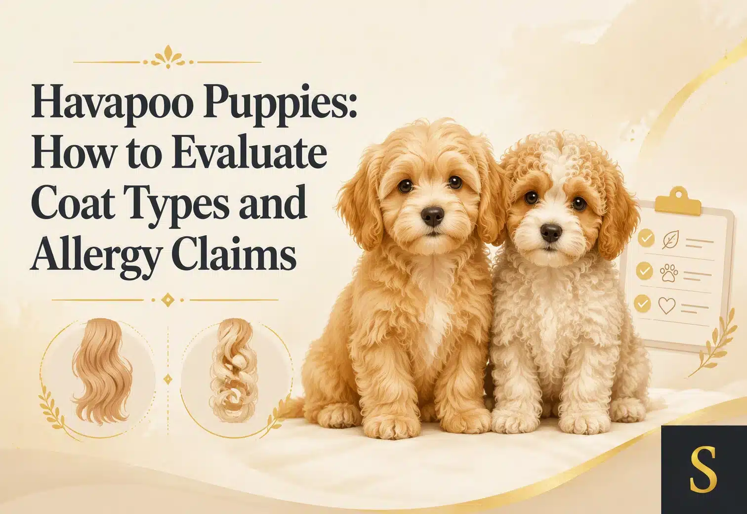 Two adorable Havapoo puppies, one golden and fluffy, the other cream-colored and curly, sit on a soft beige background. Text reads "Havapoo Puppies: How to Evaluate Coat Types and Allergy Claims.
