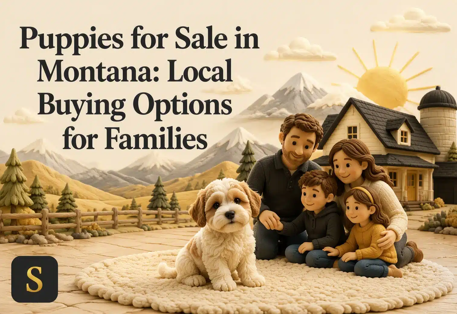 A fluffy gold and white puppy sits on a rug in front of a stylized claymation family: father, mother, son, and daughter. The family is outside a charming house with a silo, set against a backdrop of mountains, trees, and a bright sun, evoking a sense of family and puppies for sale in Montana.