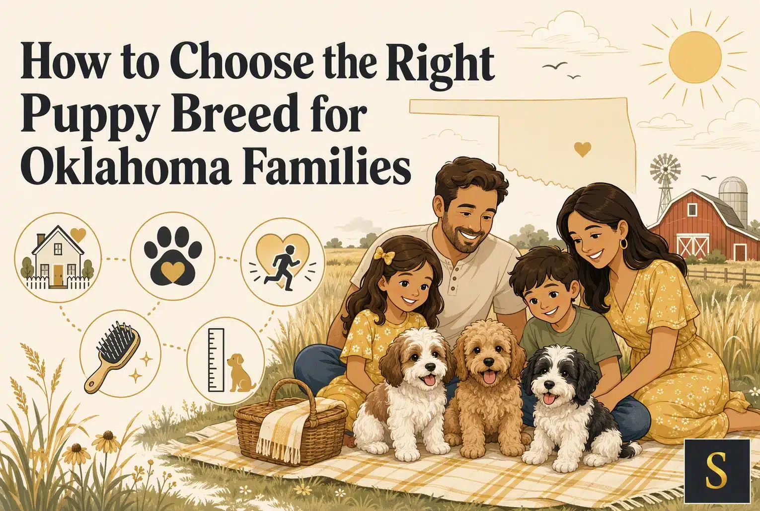A diverse family of four, including two children, sits on a picnic blanket with three adorable puppies, a golden retriever mix, a cavapoo, and a black and white poodle mix. The image features icons representing home, paw prints, exercise, grooming, and a ruler, suggesting a guide on choosing the right puppy breed for Oklahoma families.