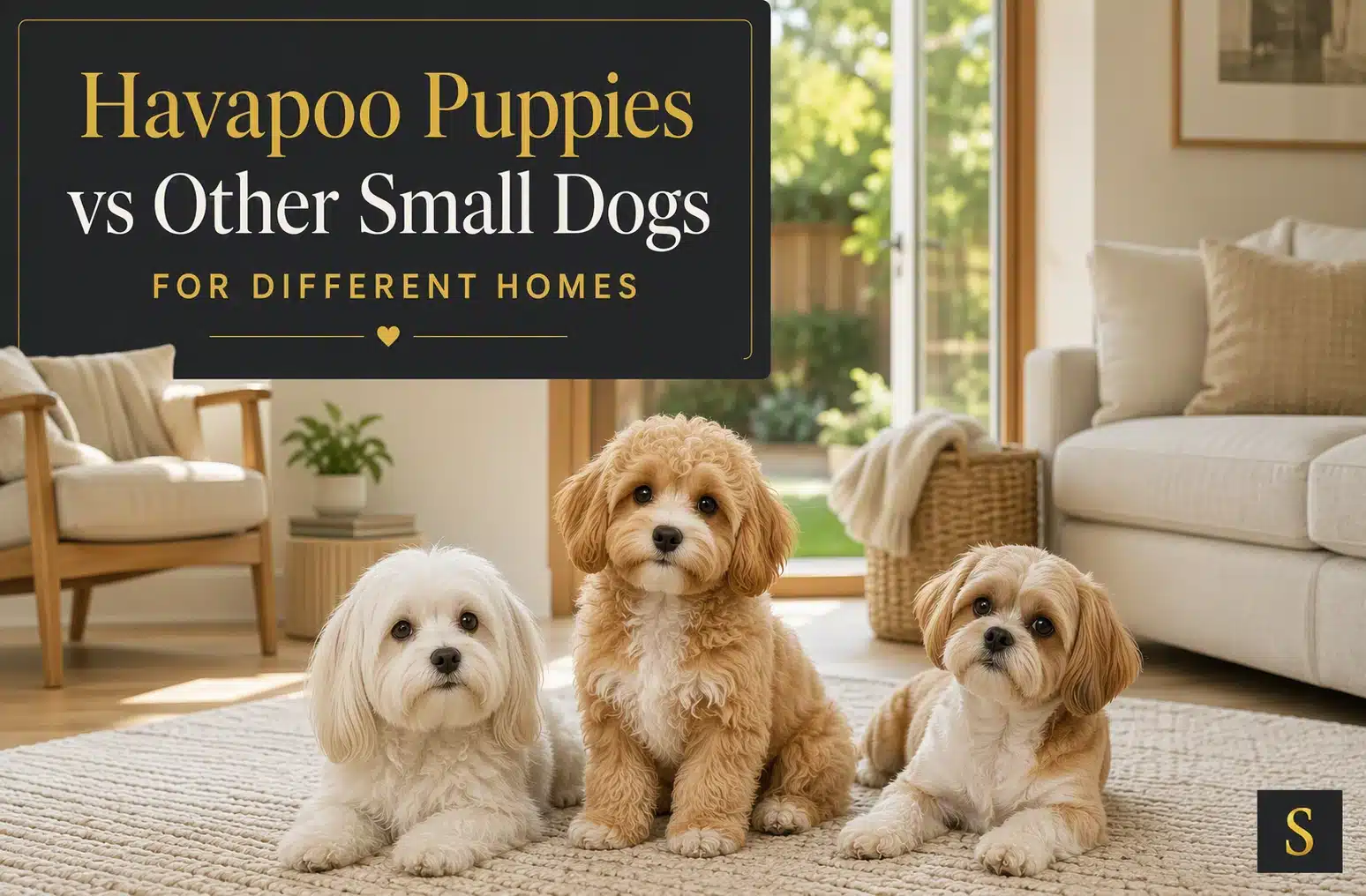 Three small fluffy puppies, including a white Havapoo, sit on a rug in a bright, modern living room. Text overlay reads: "Havapoo Puppies vs Other Small Dogs for Different Homes.