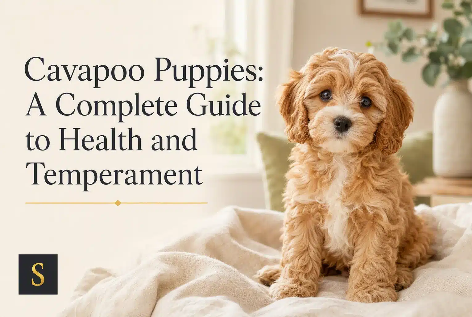 A fluffy, light brown Cavapoo puppy sits on a textured cream blanket, looking directly at the camera. Text overlay reads "Cavapoo Puppies: A Complete Guide to Health and Temperament.