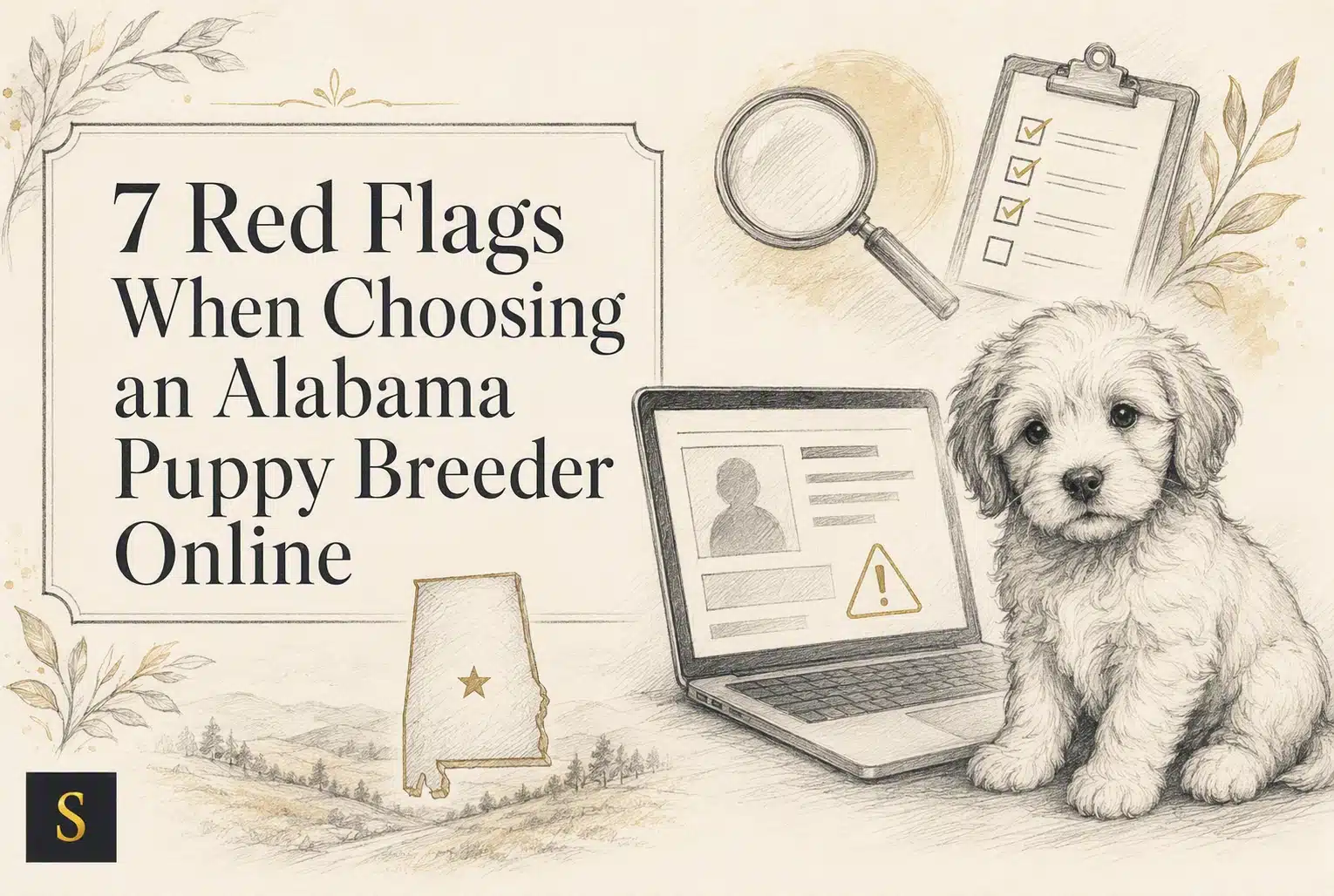 Sketch of a fluffy puppy sitting next to a laptop displaying a warning sign, with text "7 Red Flags When Choosing an Alabama Puppy Breeder Online" and an outline of Alabama.