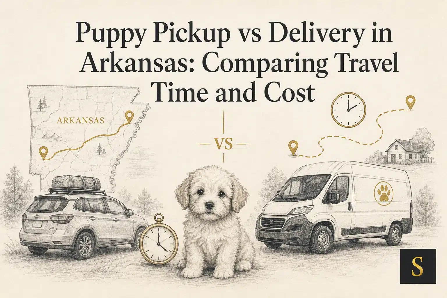 Illustration comparing puppy pickup vs delivery in Arkansas. Features a map of Arkansas, a car with luggage, a fluffy puppy, a delivery van, and clocks, representing travel time and cost.