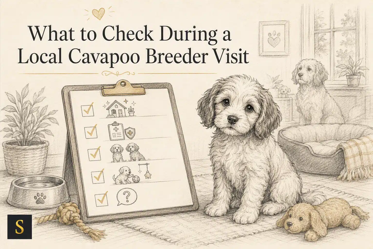 A cute Cavapoo puppy sits next to a clipboard checklist for visiting a Cavapoo breeder. The checklist includes icons of a house, a shield, puppies, and a question mark. Another Cavapoo is visible in the background.