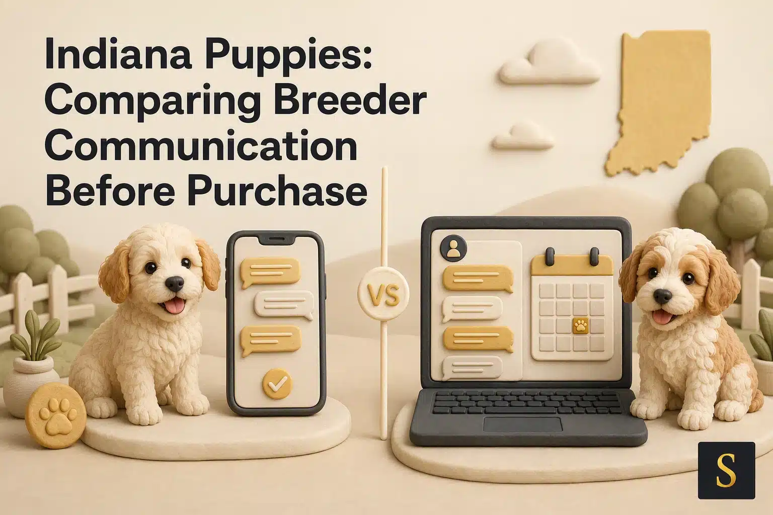 Two adorable golden retriever puppies flank a split screen showing a smartphone and laptop displaying chat bubbles and a calendar, symbolizing breeder communication for Indiana puppies before purchase.
