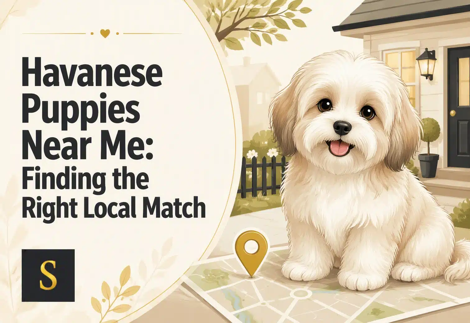 A fluffy, cream-colored Havanese puppy sits on a map with a location pin, in front of a house. Text reads "Havanese Puppies Near Me: Finding the Right Local Match.
