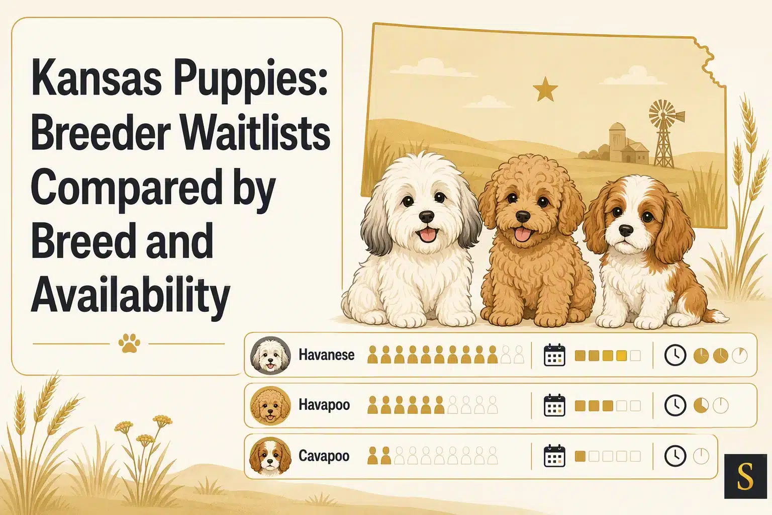 Kansas Puppies: Breeder Waitlists Compared by Breed and Availability. Three adorable puppies—a Havanese, a Goldendoodle, and a Cavalier King Charles Spaniel—sit in front of a graphic showing waitlist times for Kansas puppy breeders.