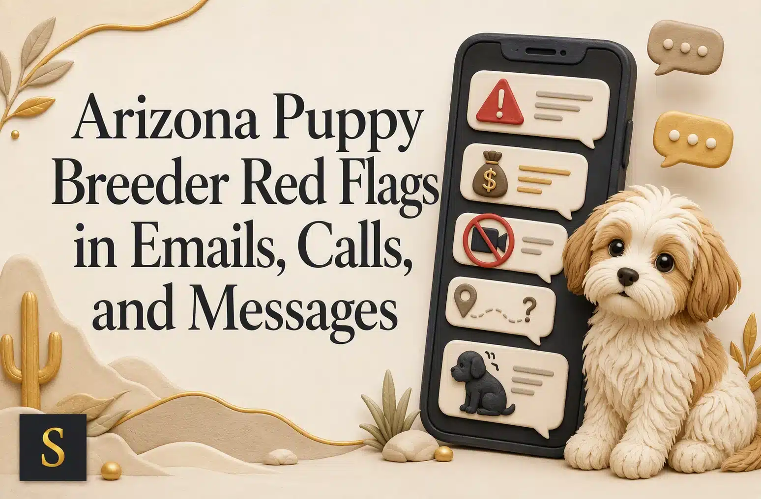 A cute fluffy puppy sits next to a smartphone displaying text message bubbles with red flag icons, money, and a location pin. The text "Arizona Puppy Breeder Red Flags in Emails, Calls, and Messages" is overlaid on a desert landscape with stylized cacti.