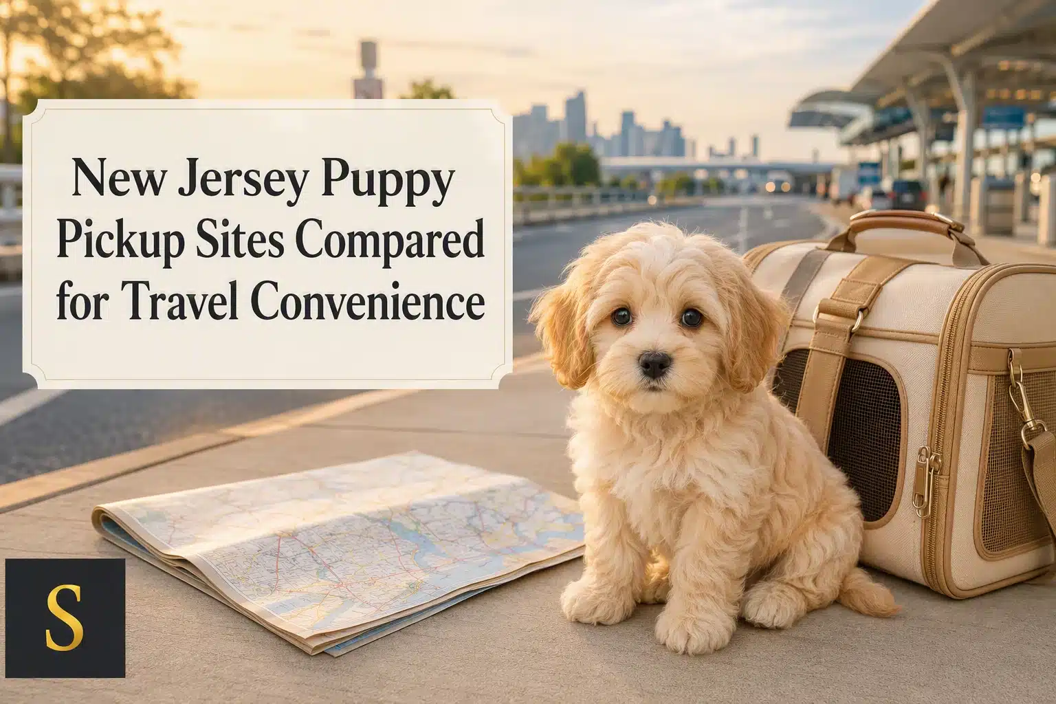New Jersey Puppy Pickup Sites Compared for Travel Convenience" text over a fluffy, light brown puppy sitting next to a travel carrier and a map on a sidewalk at an airport or train station.