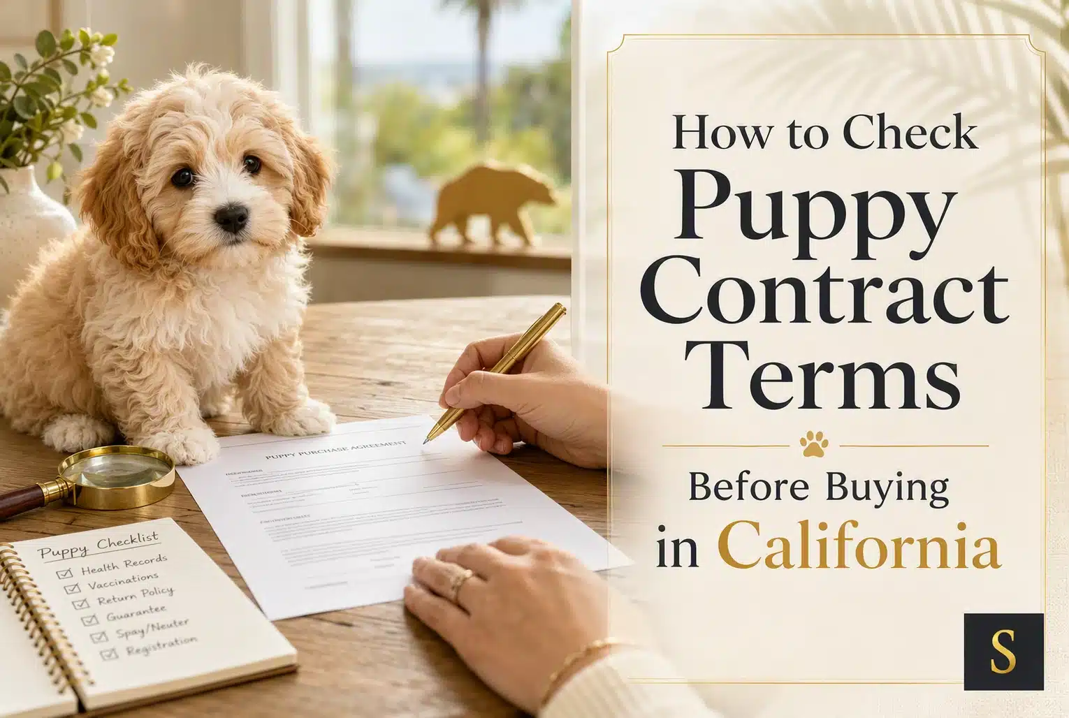 A fluffy golden doodle puppy sits on a wooden table next to a puppy purchase agreement and a checklist, as a person's hands hold a pen to sign the contract. The text "How to Check Puppy Contract Terms Before Buying in California" is visible.
