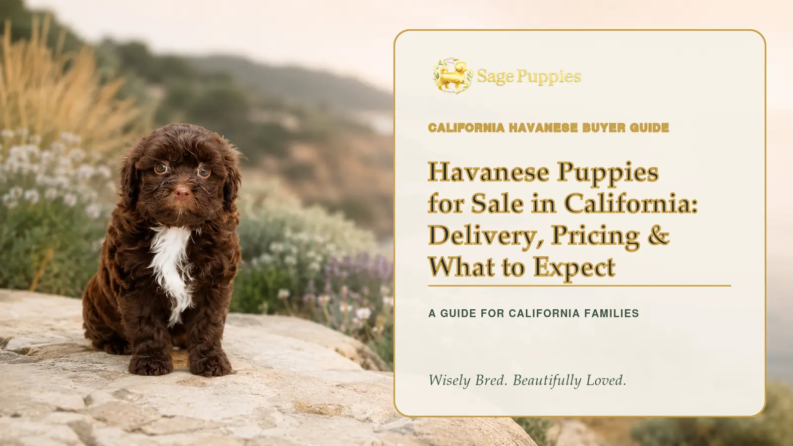 Chocolate-and-white Havanese puppy in a California coastal garden beside a guide to delivery, pricing and buying expectations.