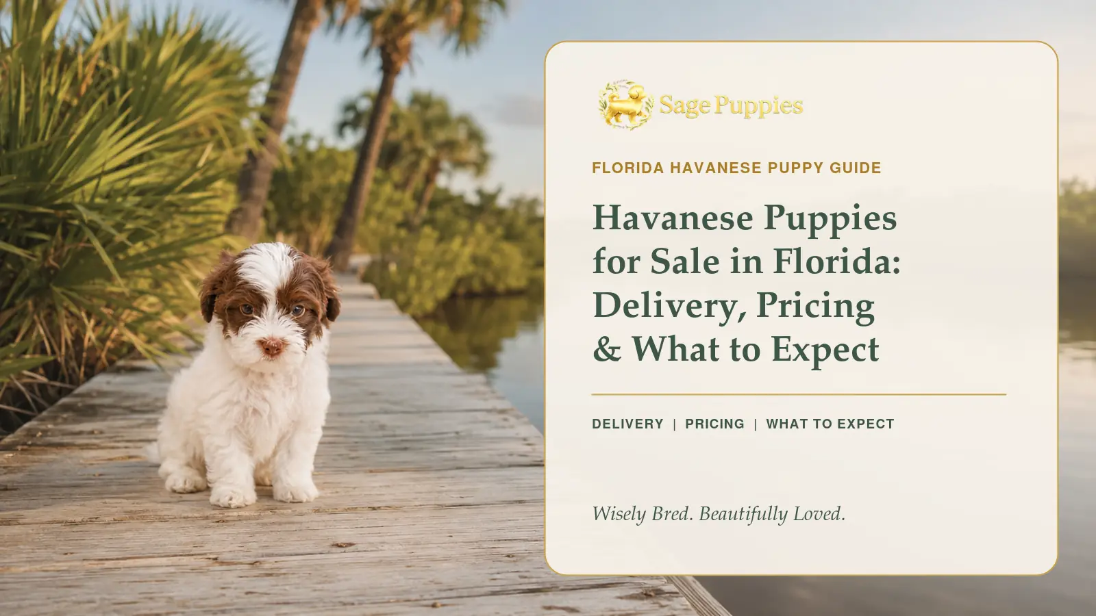 Havanese puppy on a tropical Florida boardwalk beside a guide to delivery, pricing, and buying expectations.