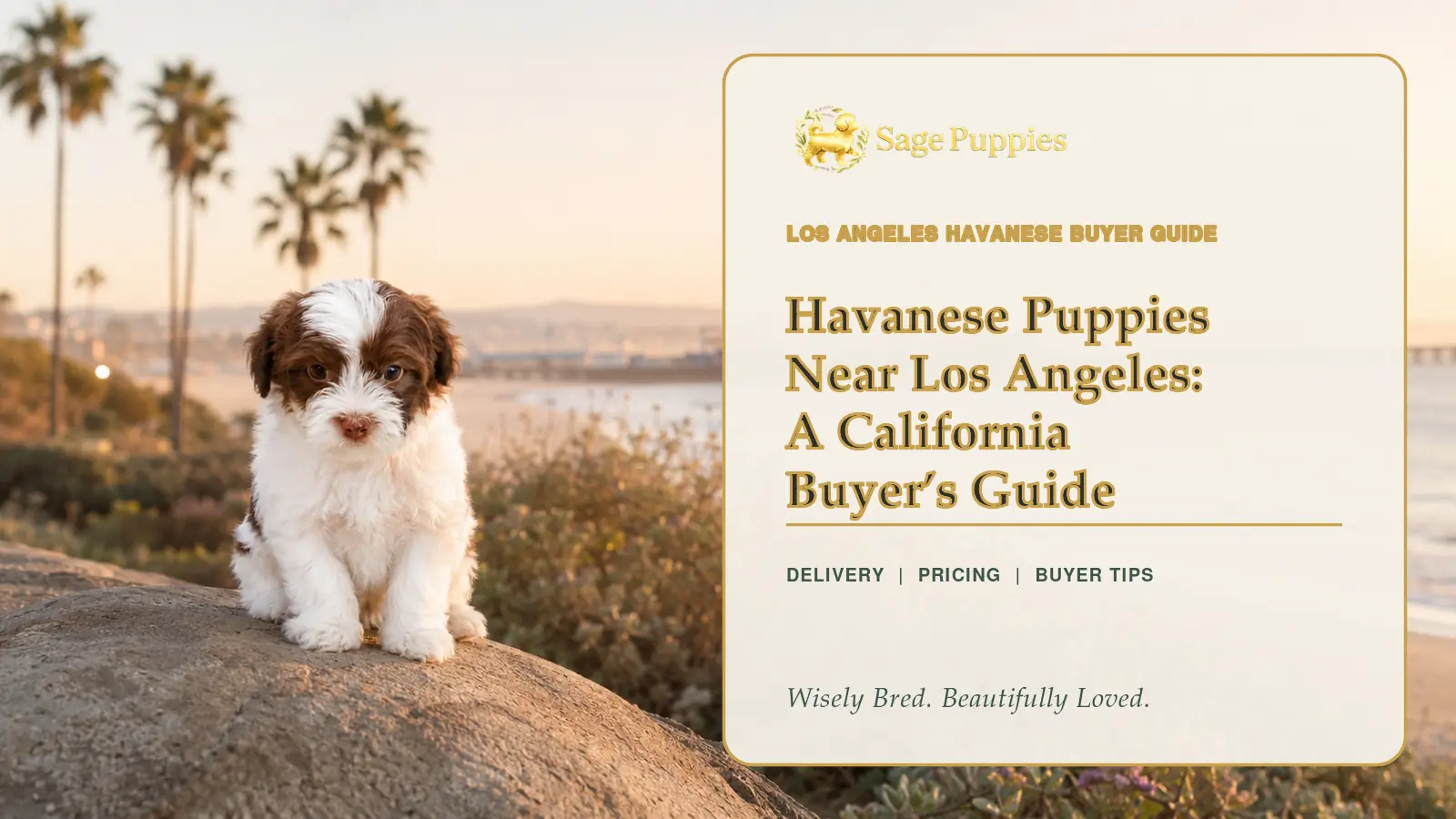 Chocolate-and-white Havanese puppy at a Los Angeles coastal overlook with palm trees and Santa Monica Pier behind it.