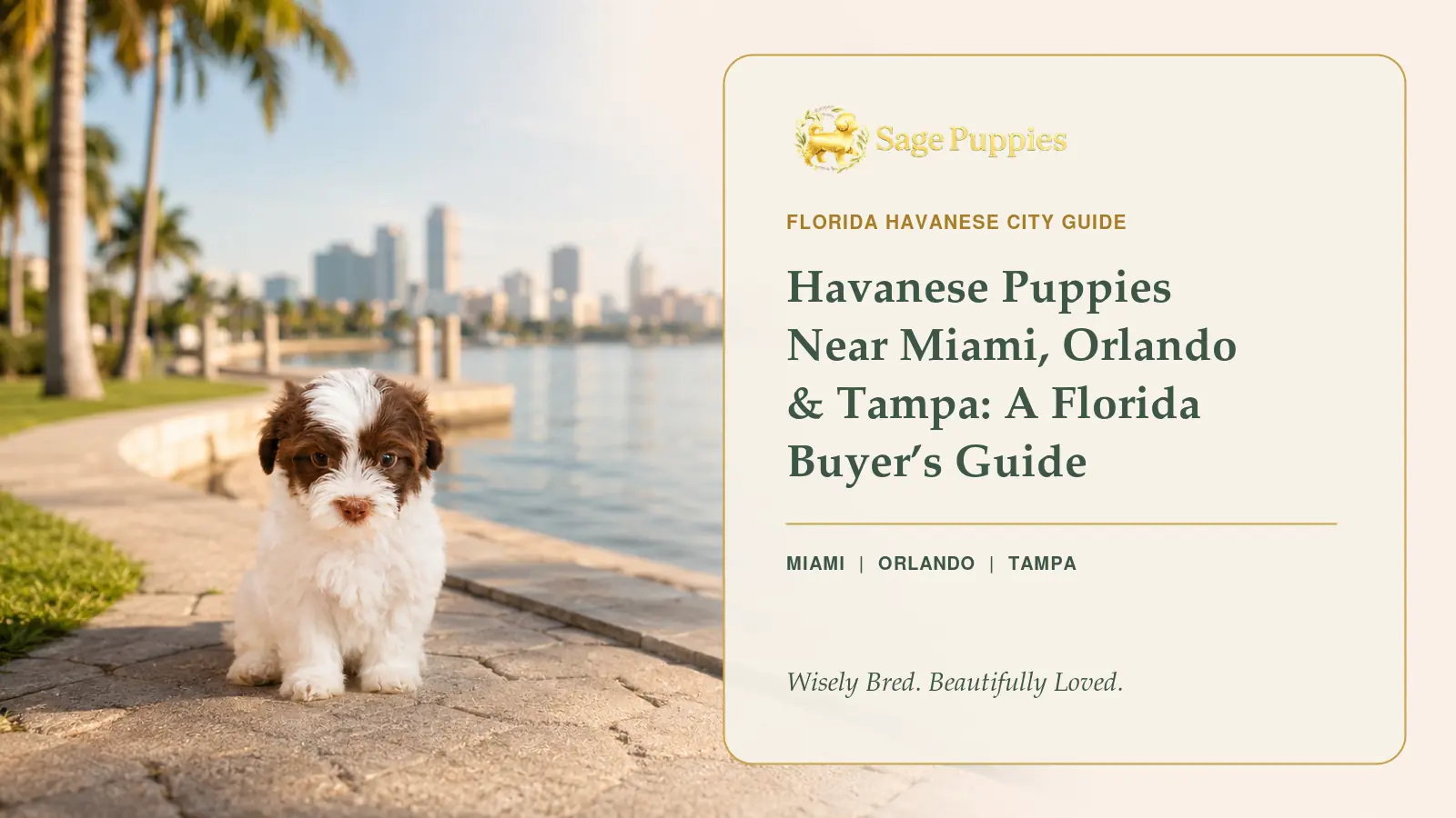 Havanese puppy beside a Florida waterfront and buyer’s guide for families near Miami, Orlando, and Tampa.