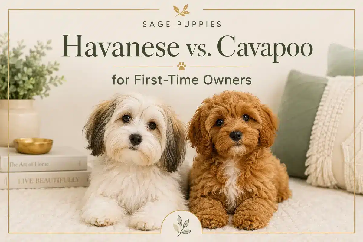 Havanese puppy and Cavapoo puppy resting side by side in a warm family home