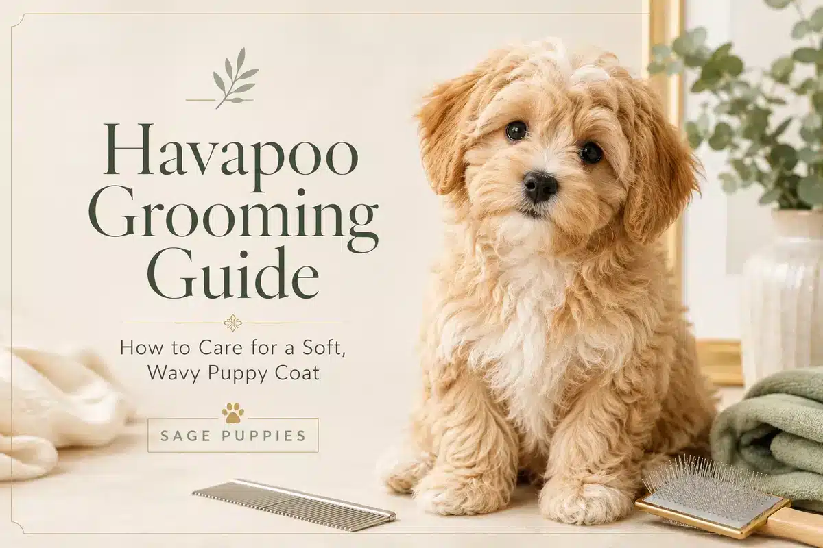 Apricot and cream Havapoo puppy sitting beside a grooming brush and metal comb
