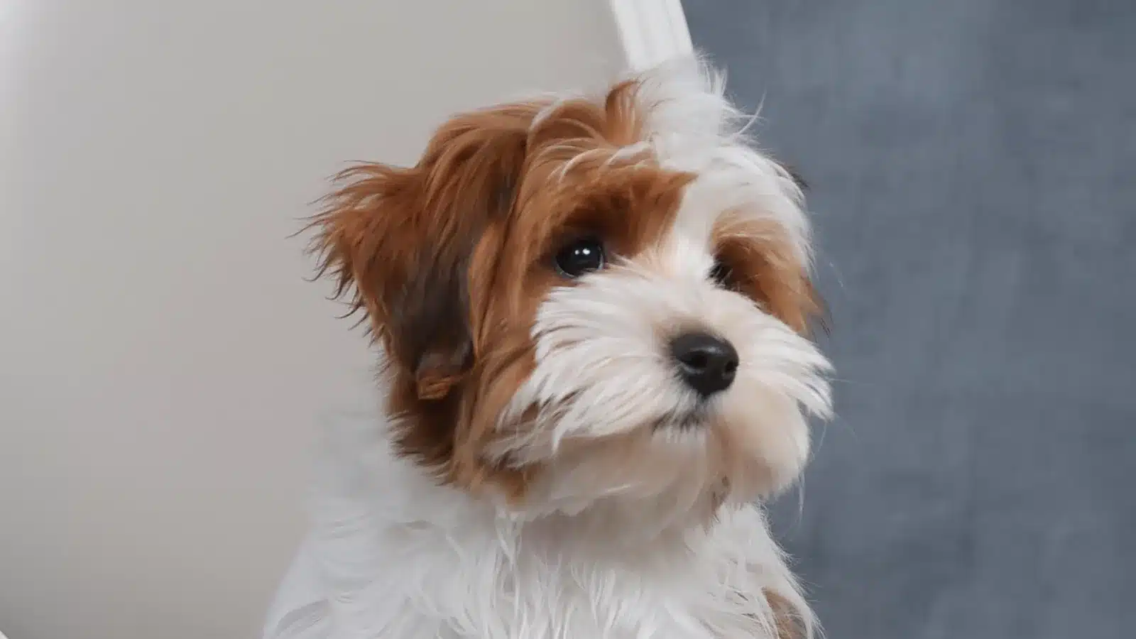 Adorable Havapoo puppy with fluffy white and brown fur, looking curiously to the side. This cute Havapoo puppy could be one of the Havapoo puppies for sale in New York.