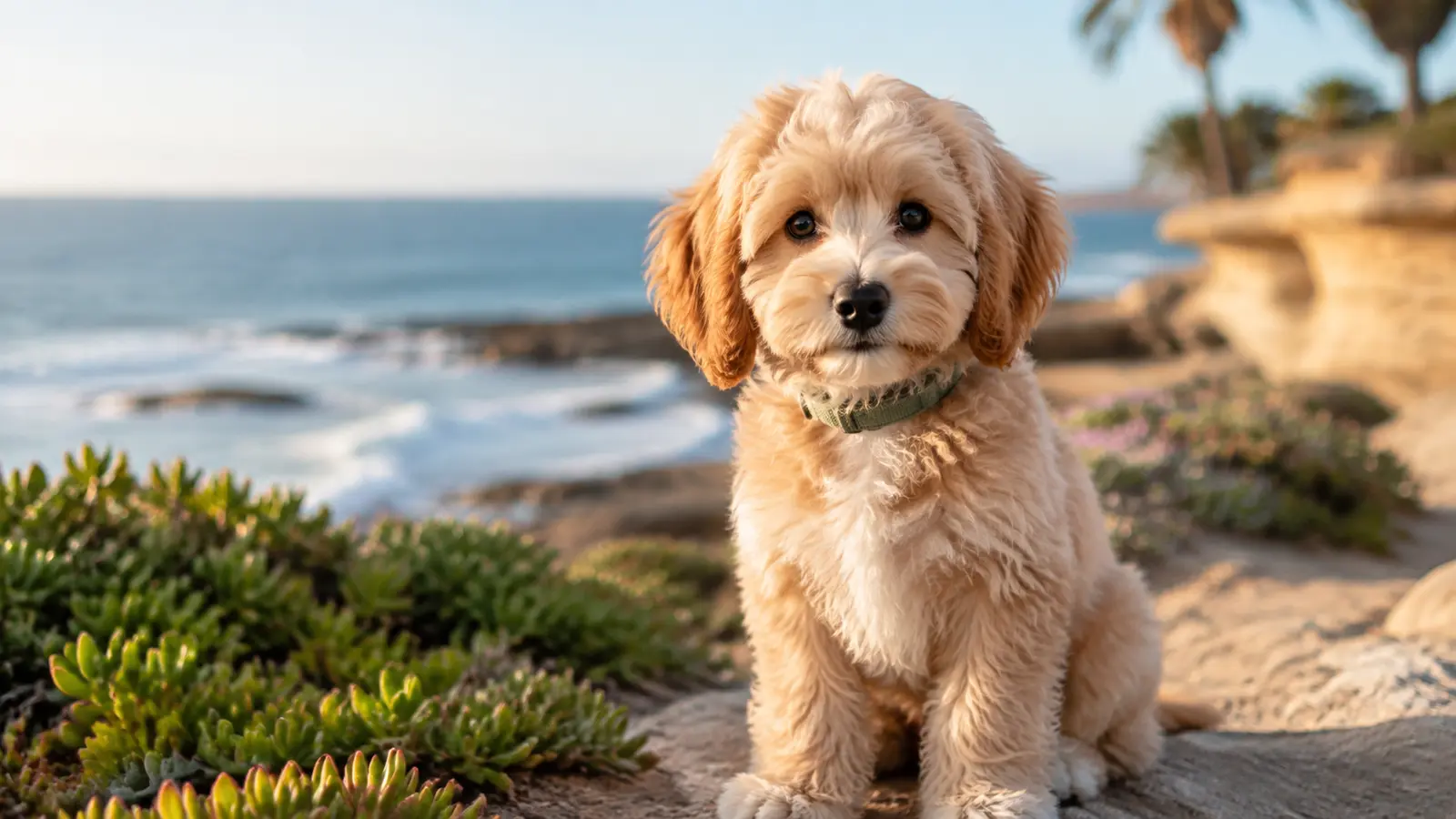 Apricot-and-cream Havapoo puppy overlooking the Southern California coast